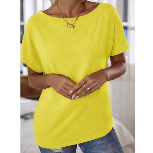 Boat Neck Batwing Sleeve Yellow Tee Shirt Short Sleeve - Picture 5 of 9